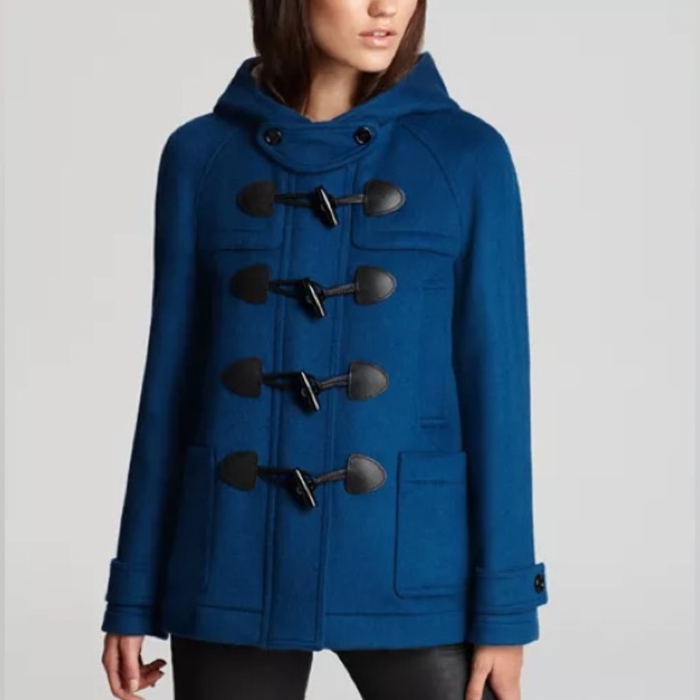 Burberry Yorkdale Hooded Toggle Swing Coat Turquoise blue Wool Coat Hooded Check